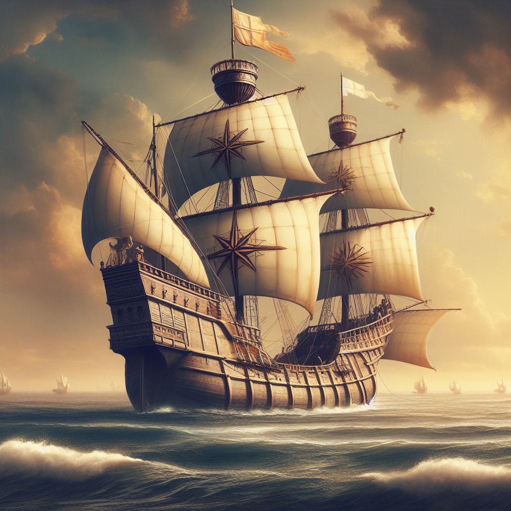 Carabela de Cristobal Colon navegando en busca de America